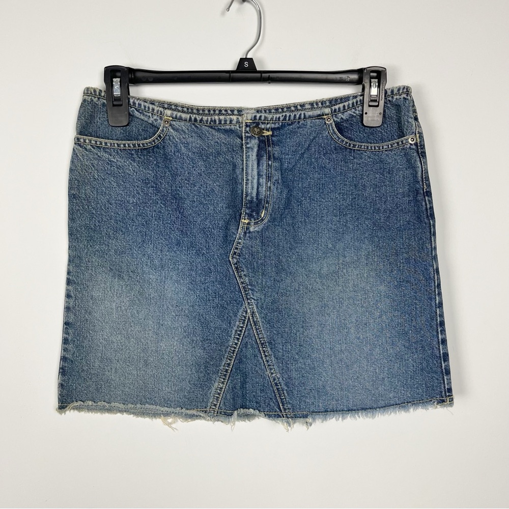 VTG Y2K Fragile Denim Mini Skirt Frayed Hem Size 11 Low Rise